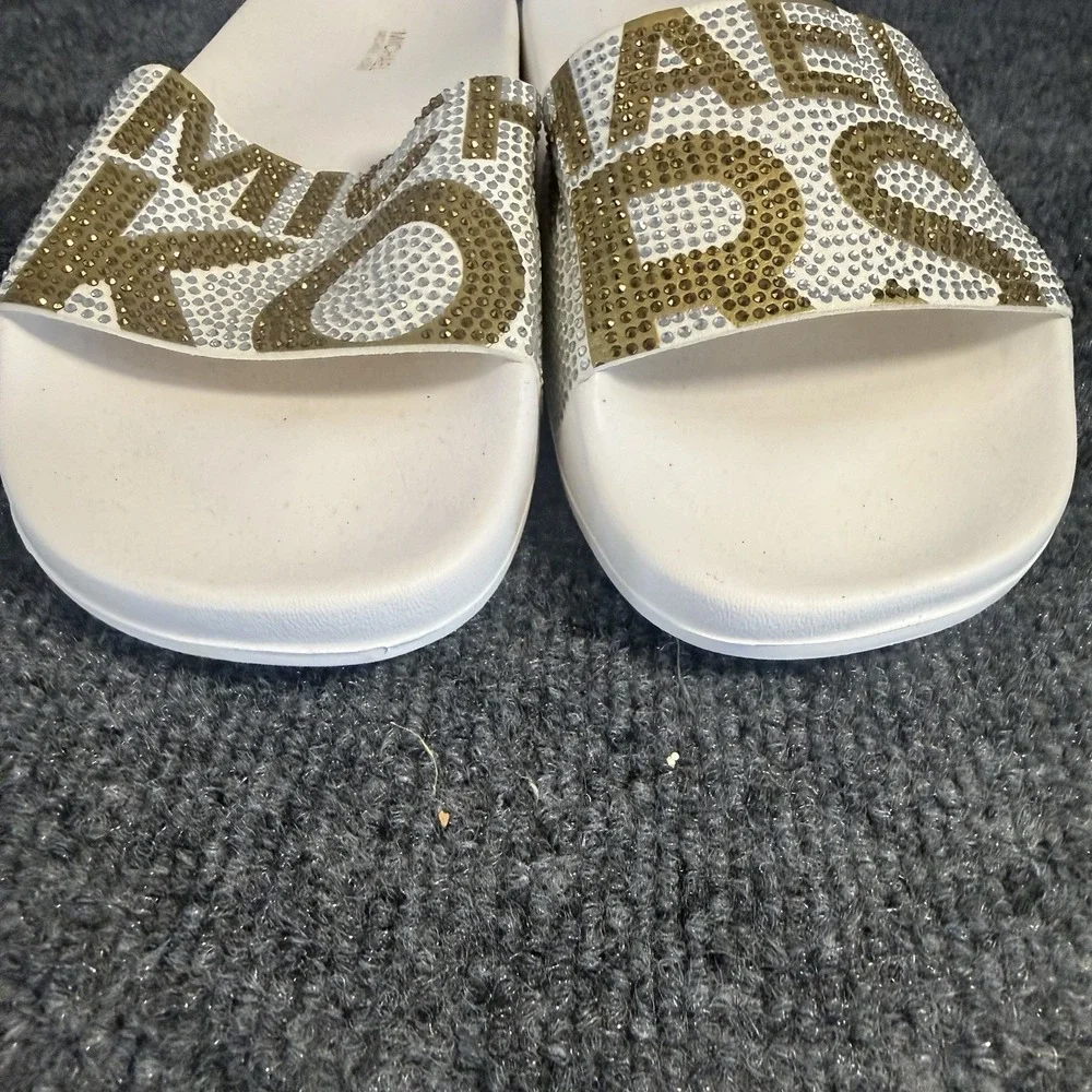 Michael Kors Slide Sandals White Gold Rhinestone Logo Pool Beach Women's